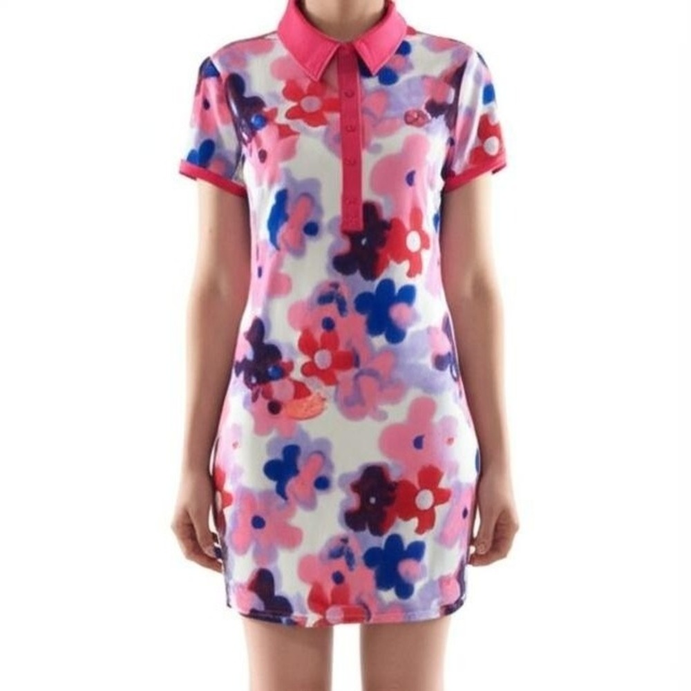 Juicy Couture Polo Dress M Pink Purple Floral Ribbed Bodycon Mini‎ Stretch Y2K